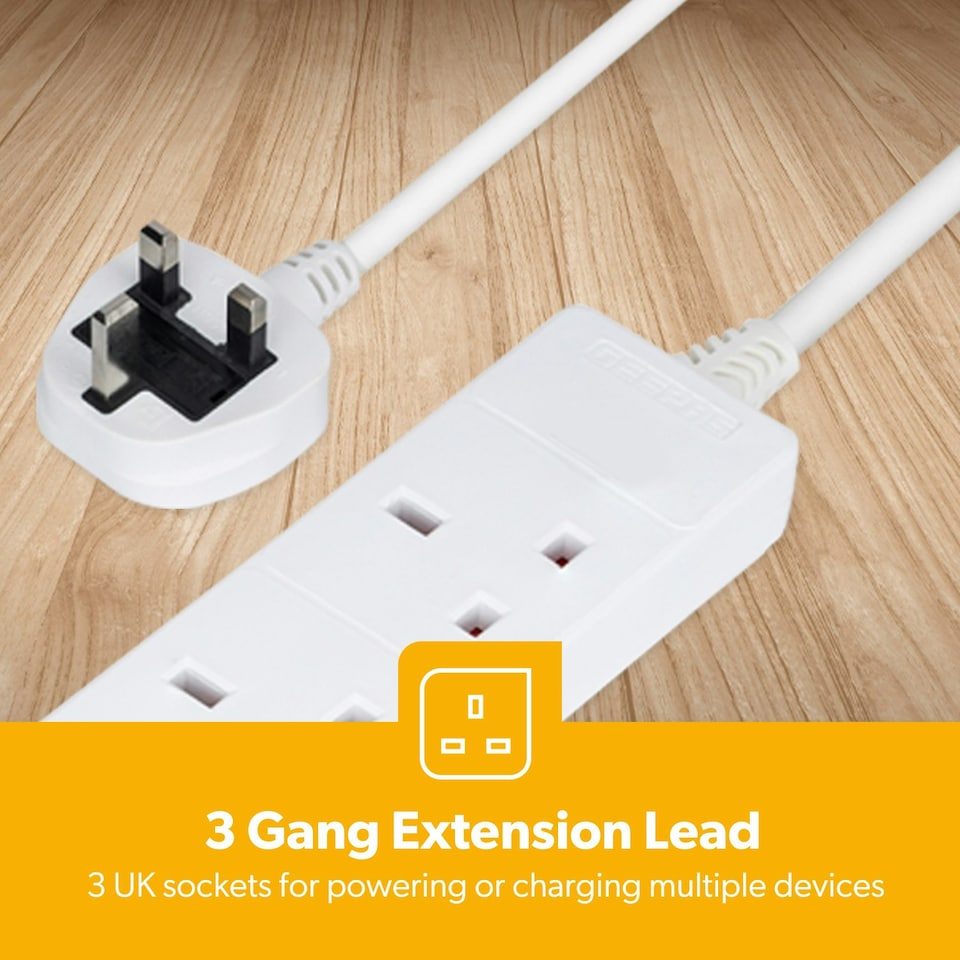image 1 of GEEPAS 3 Gang Extension Lead With Neon Light, 2m cable