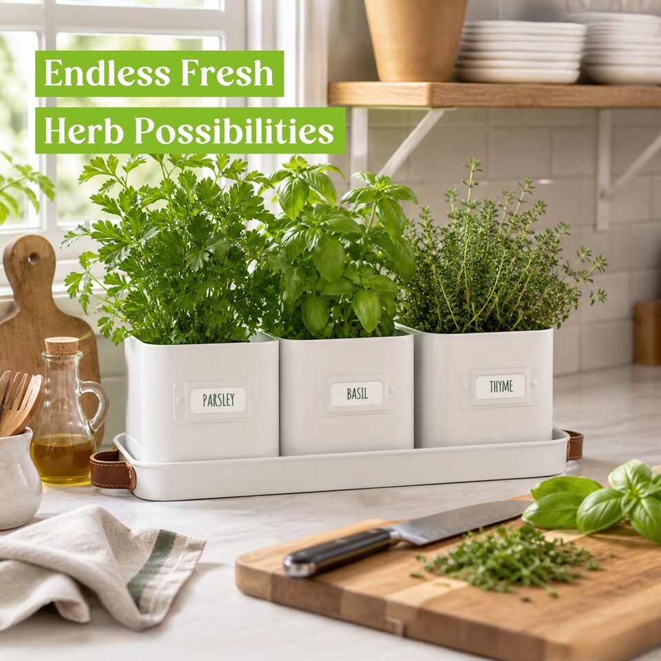 image 1 of Set of 6 White Indoor Herb Pots with Tray