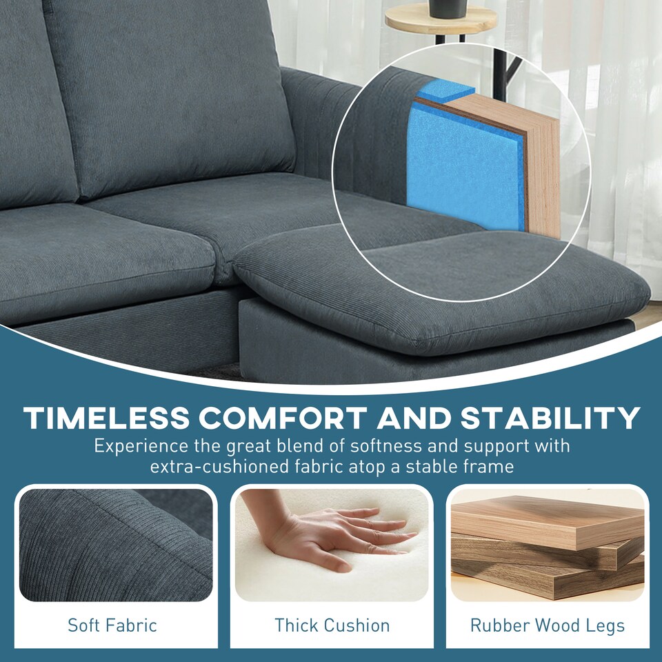 image 1 of HOMCOM 3 Seater Sofa with Ottoman, 196cm Corduroy L-shaped Sofa Couch with Scatter Back, Reversible Chaise Lounge for Living Room, Home Office, Small Spaces, Charcoal Grey | Grey