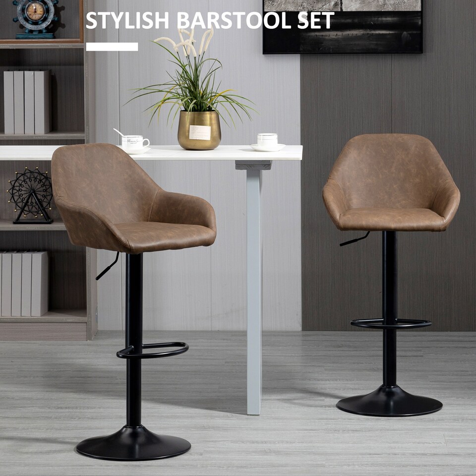image 1 of HOMCOM Bar Stools Set of 2, Height Adjustable Swivel Barstools, PU Leather Kitchen Stools with Backs, Armrests and Footrest for Home, Counter and Dining Room, Dark Brown