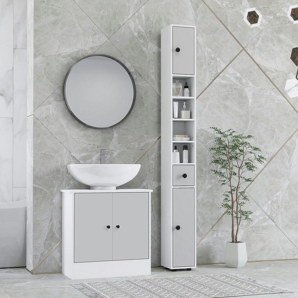image 1 of kleankin Slim Bathroom Cabinet, Toilet Roll Storage w/ Shelves, Light Grey | Grey | White | 180H x 20W x 20D cm