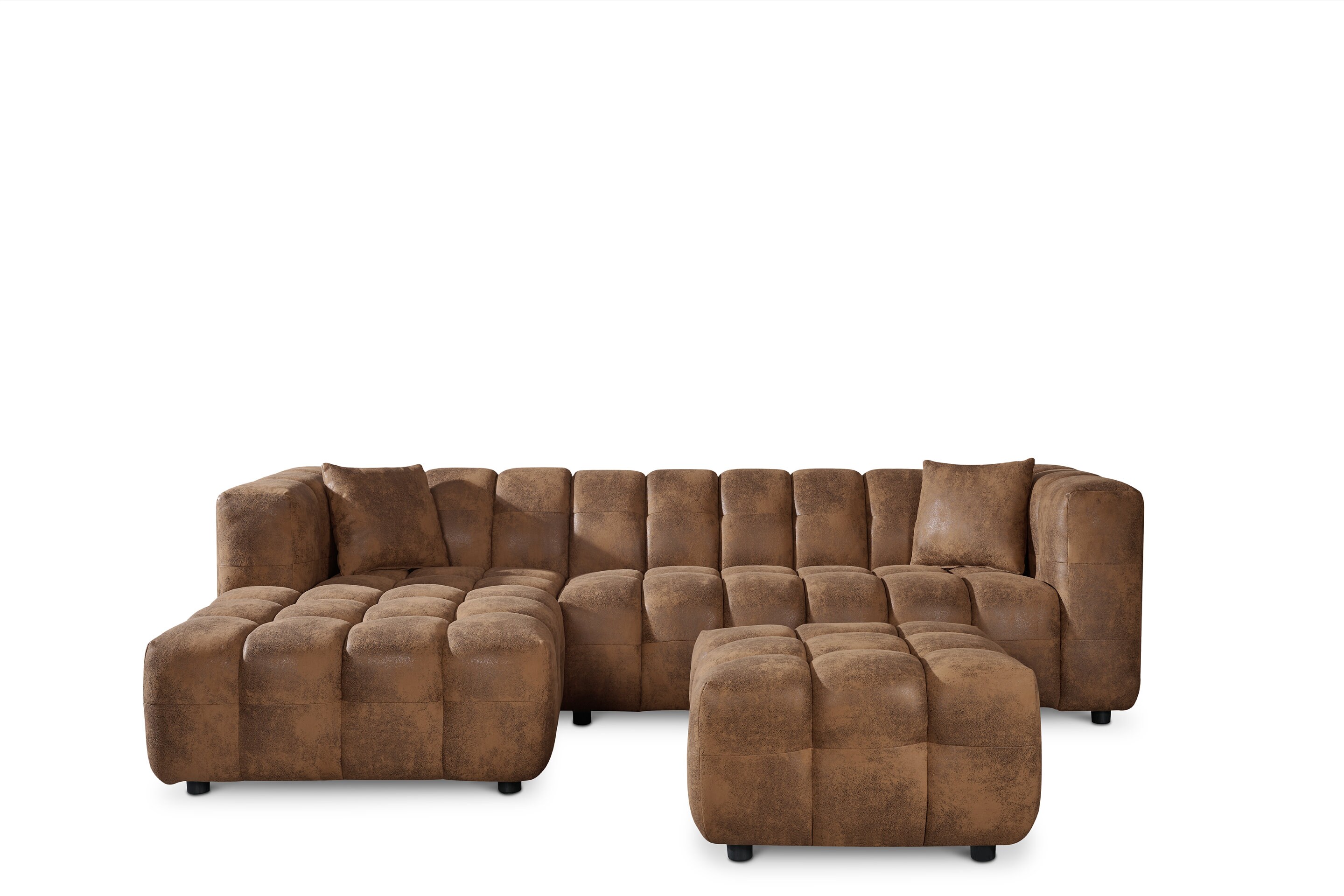 Faux Leather Suede Brown Left Hand Facing Corner Sofa with Ottoman ...