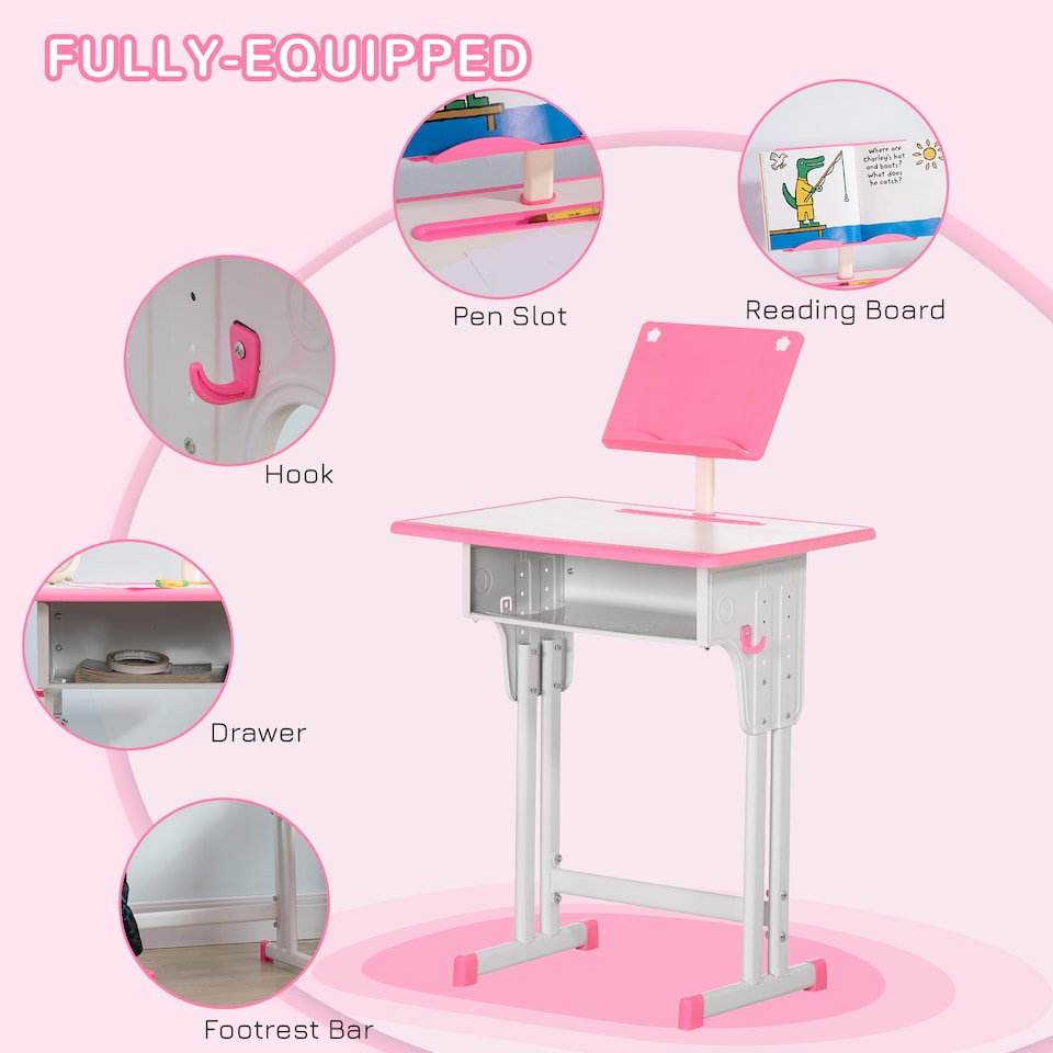 image 1 of HOMCOM Kids Desk and Chair Set Adjustable Height Study Table Set w Drawer | Pink