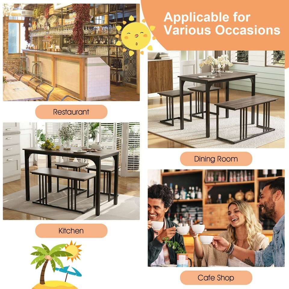 image 1 of COSTWAY 4-Piece Dining Table Set W/ Bench & 2 Stools Grey