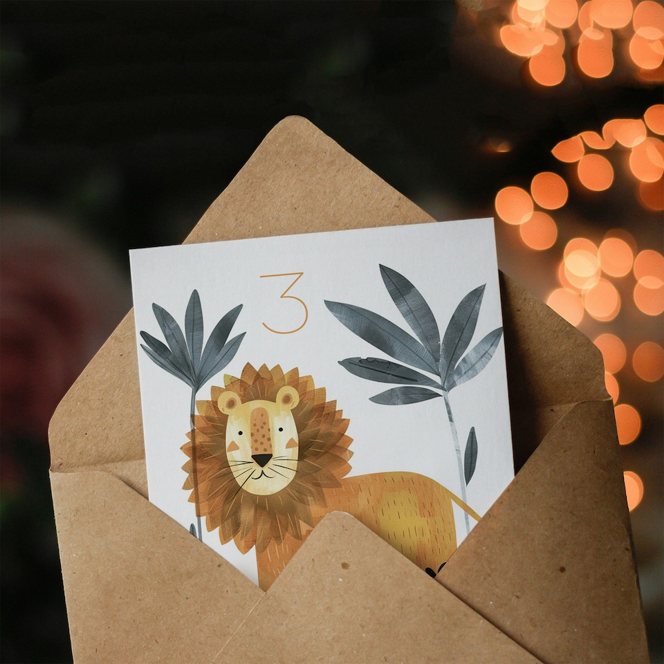image 1 of 3rd Cute Jungle Lion Fun Drawing Kids Age 3 Year Old Child Birthday Card