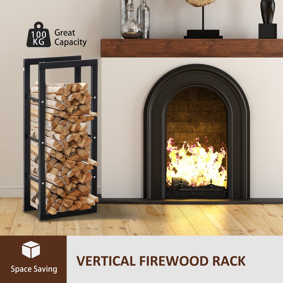 image 1 of HOMCOM Metal Firewood Log Holder Tall Firewood Rack Indoor Outdoor Fireplace Wood Storage Shelf with Side Rails, Rust-Resistant, Black, 40W x 25D x 100H cm
