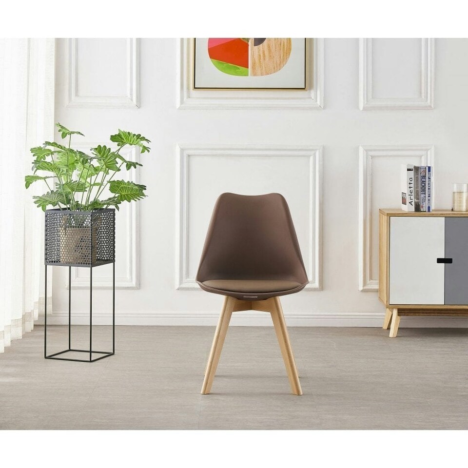 image 1 of Single Scandinavian Dining Chair with Leather Cushions Solid Wood Legs Brown