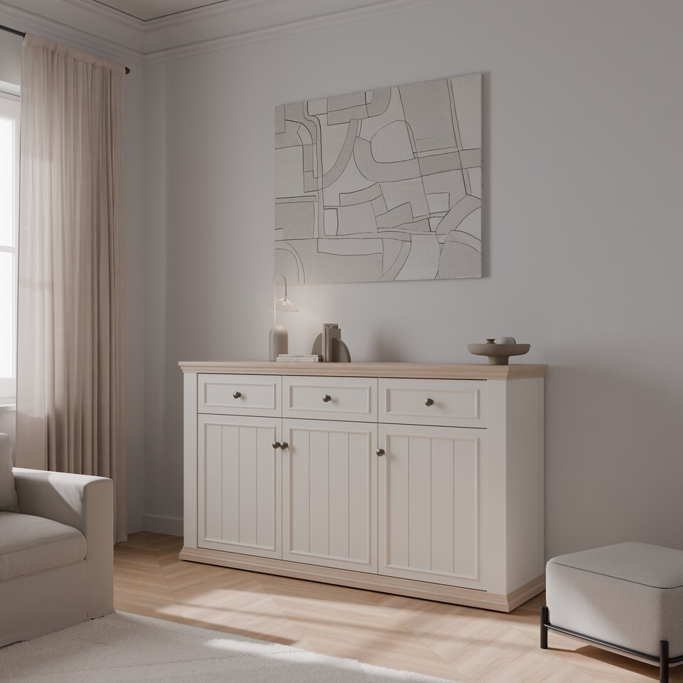 image 1 of Pontypool 3 Drawer & 3 Door Sideboard in White and Riva Oak
