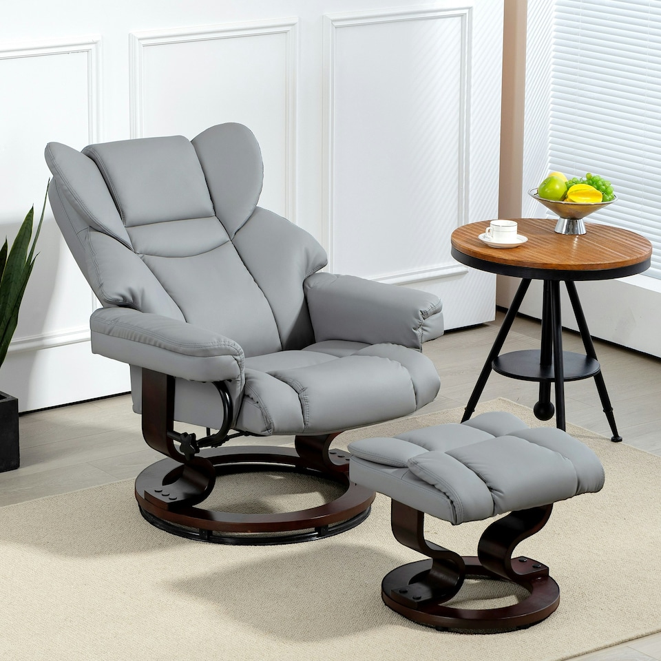 image 1 of HOMCOM PU Leather Manual Reclining Armchair Footstool Padded Seat Light Grey