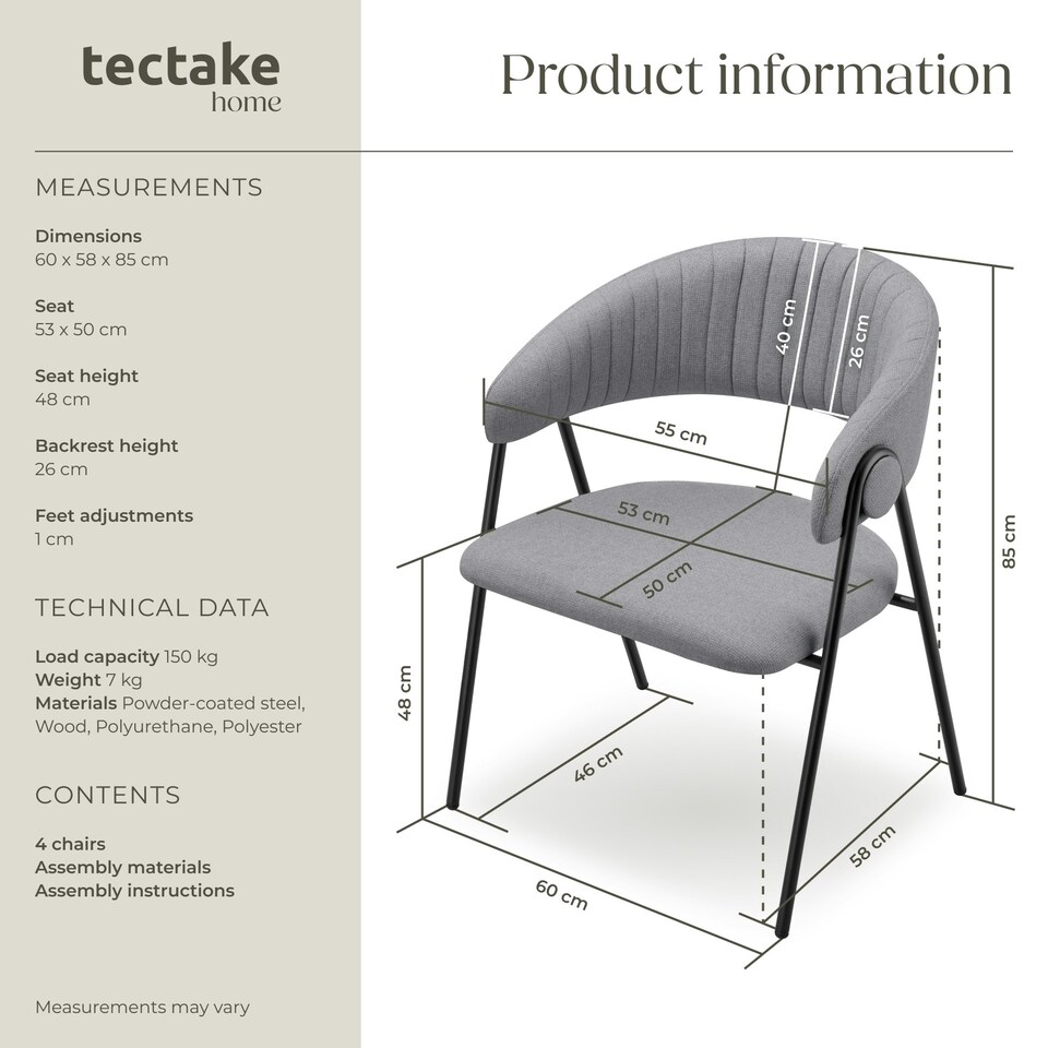 image 1 of Dining Chair Bedano - woven fabric, padded, 150 kg load capacity - Set of 4 Grey