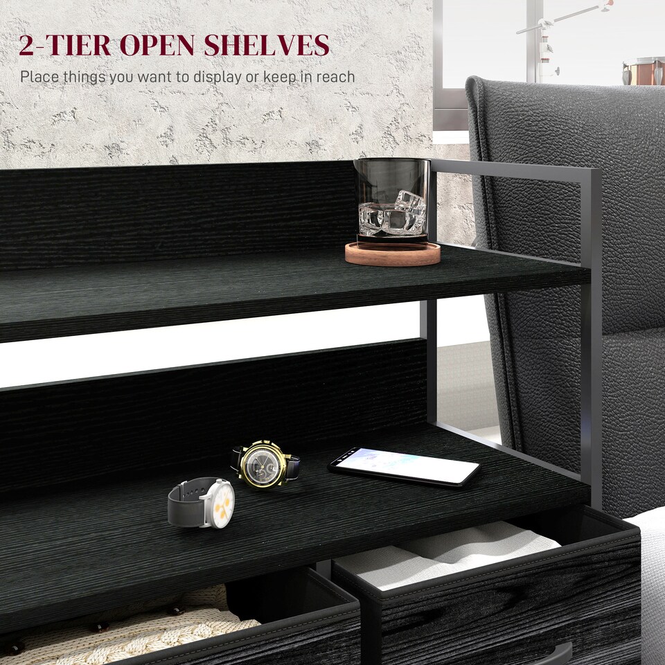 image 1 of HOMCOM Bedroom Chest of Drawers, Fabric Dresser with 5 Drawers, Storage Organiser Unit with Open Shelves and Metal Frame for Living Room, Entryway, Black | Black | Black