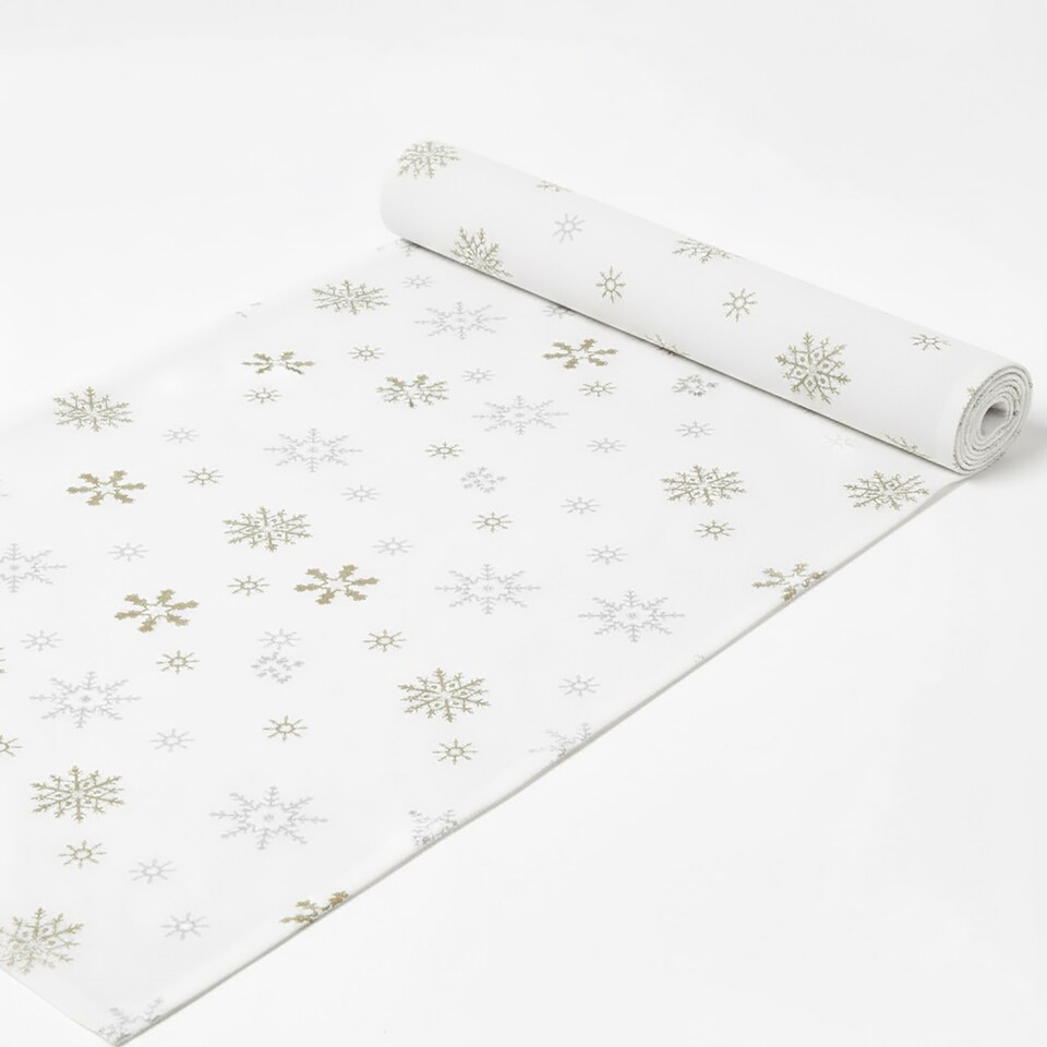image 1 of Homescapes Cotton Christmas Gold Snowflake Table Runner - 44 x 178 cm | White