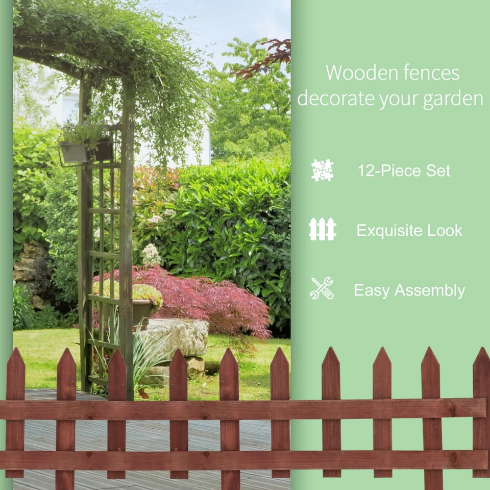 image 1 of Outsunny Pack of 12 Wooden Plant Border Fence Garden Fixed Picket Fence Brown