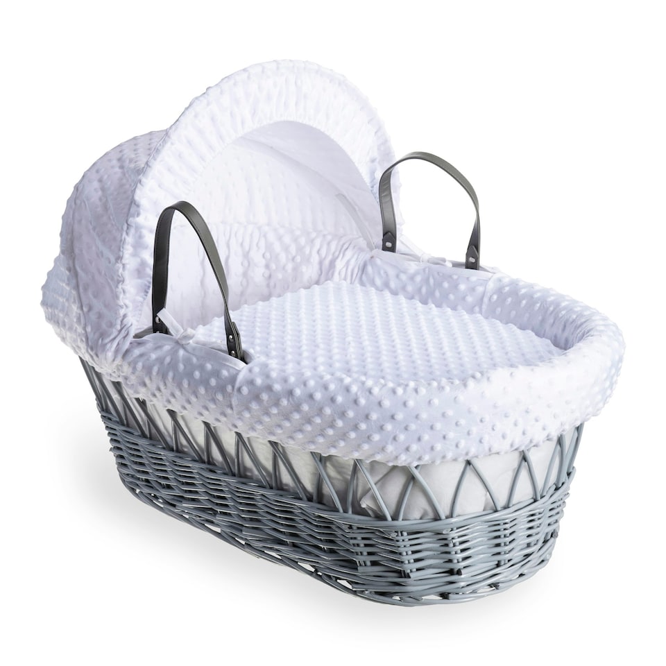 image 1 of Clair de Lune White Dimple Grey Wicker Moses Basket With Grey Rocking Stand