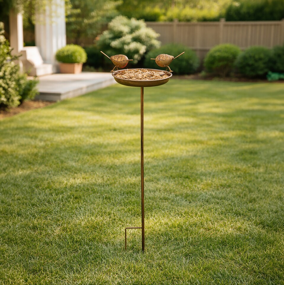 image 1 of Marco Paul Metal Garden Bird Bath & Bird Feeder on Stake with Decorative Robin Design 81cm