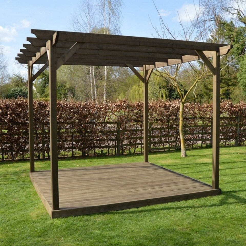 image 1 of Garden Pergola and Decking Kit - Wood - L420 x W420 x H270 cm - Rustic Brown