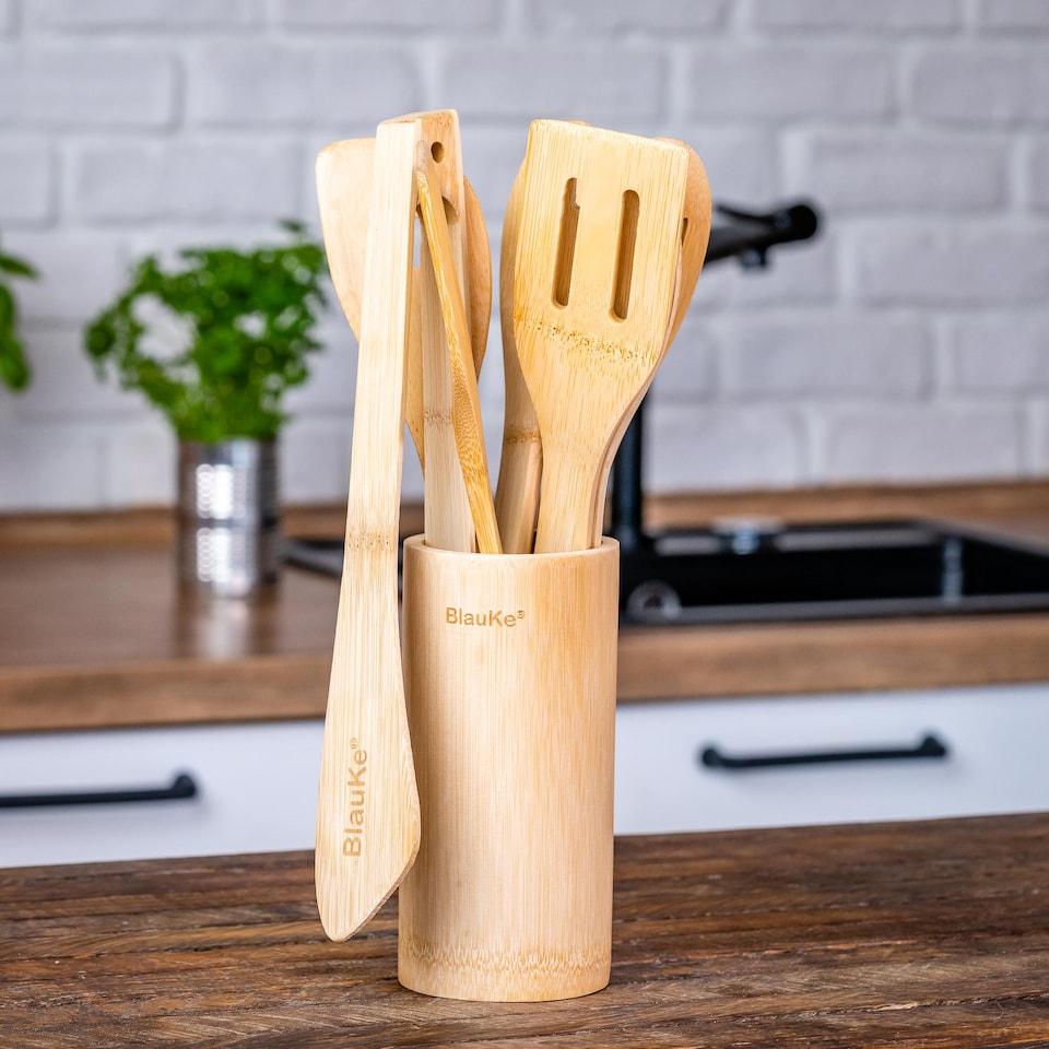 image 1 of BlauKe Wooden Kitchen Utensils Set of 8 - Non-Stick Bamboo Cooking Utensils - Wooden Spatulas, Wooden Spoons, Tong, Utensil Holder