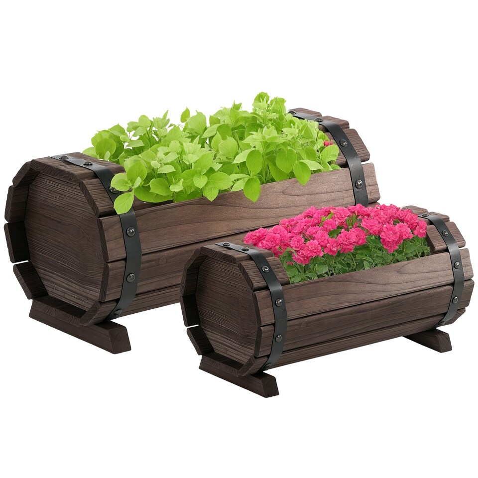 image 1 of Outsunny 2PCs Wooden Flower Plant Pot Outdoor Plant Box with Solid Wood | Brown | Brown