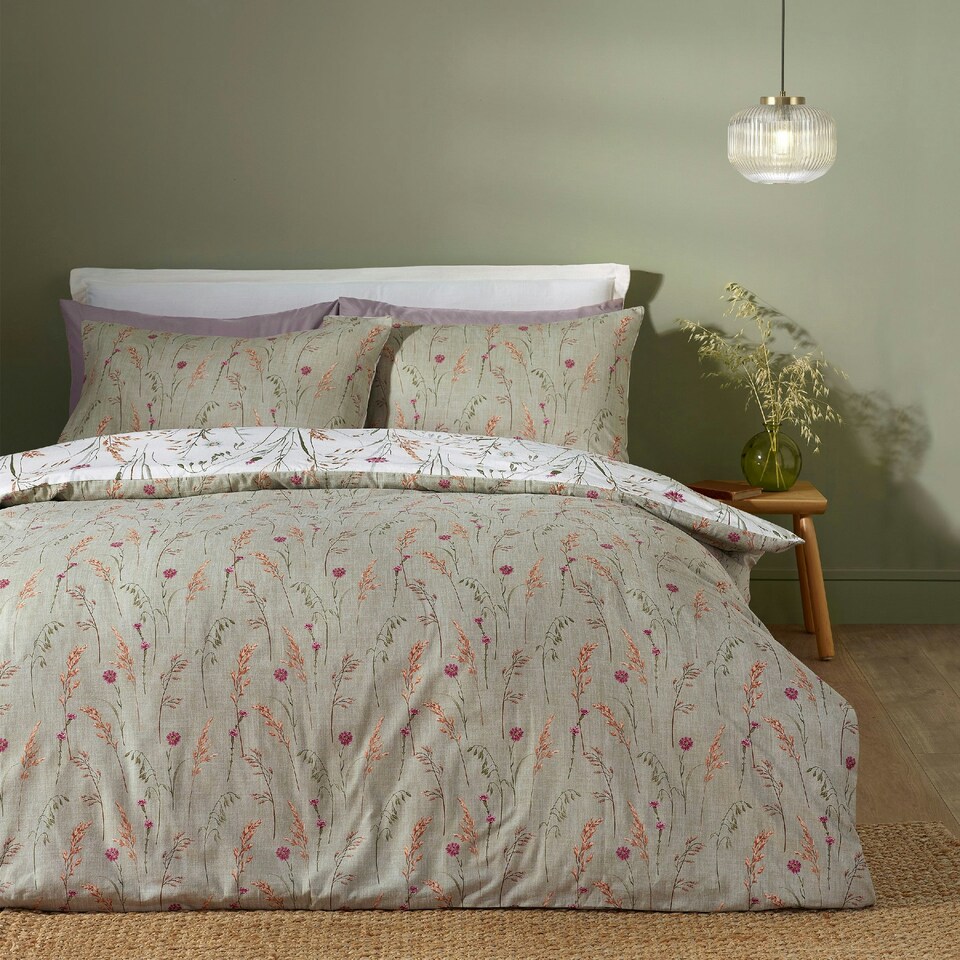 image 1 of Catherine Lansfield Brushed Grasmere Floral Cotton Reversible Duvet Cover Set Green Green | King