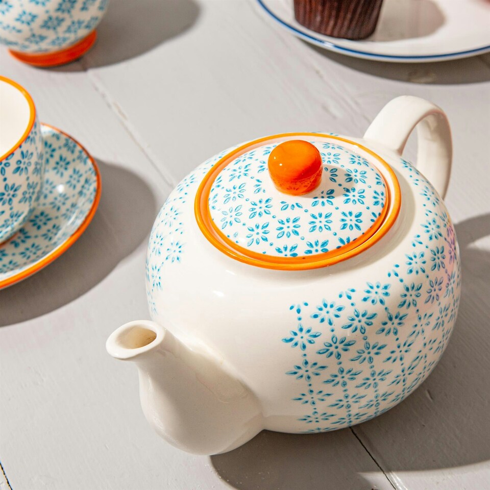 image 1 of Nicola Spring Hand-Printed Teapot - 820ml - Blue