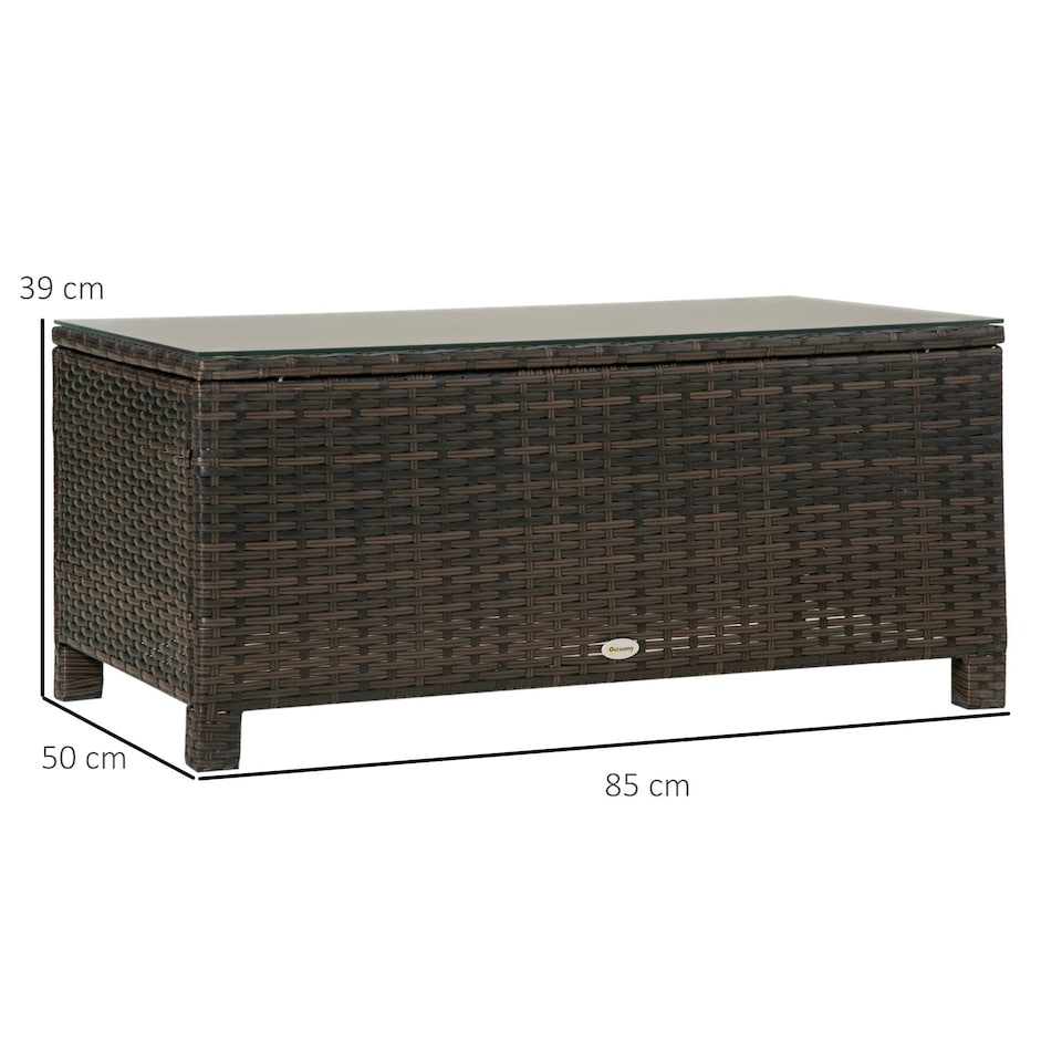 image 1 of Outsunny Garden Rattan Side Table,Wicker Coffee Desk, Glass Top, Mixed Brown