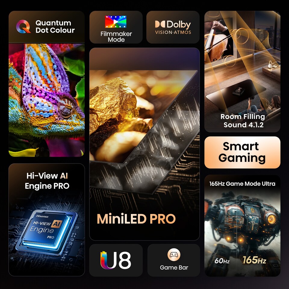 image 1 of Hisense 55" U8QTUK MiniLED 165Hz Smart AI TV with Freely