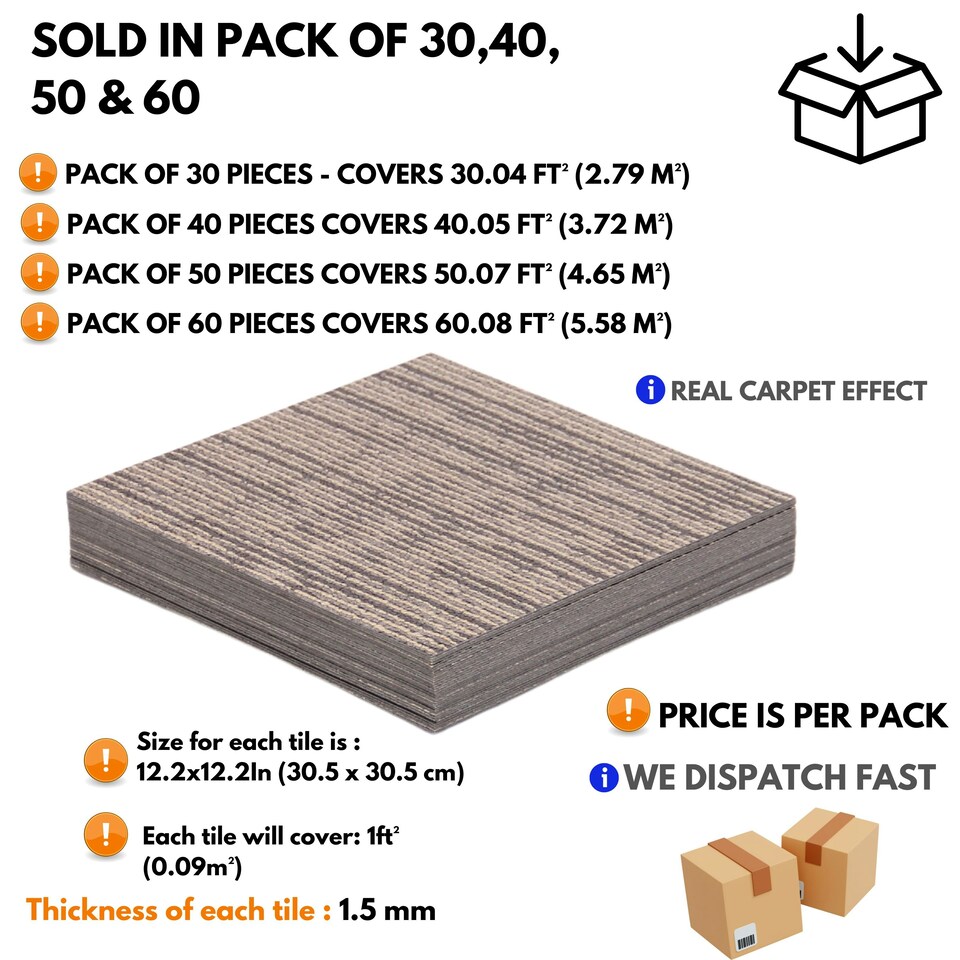 image 1 of NOVECRAFTO Vinyl Floor Tiles Self Adhesive – 12x12in Peel and Stick Flooring with Beige Faux Carpet Effect – Durable & Easy to Clean for Any Room | Brown | 5.57 sqm