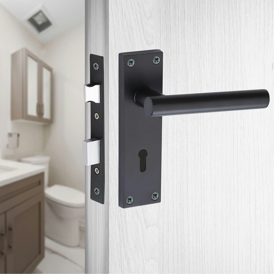 image 1 of Golden Grace Victorian T-Bar Straight Door Handles Lever Lock in Matt Black with 3 Lever Lock Set with 1 Pair of 3" Ball Bearing Hinges Black