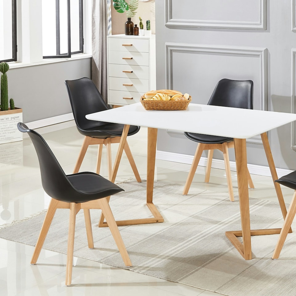 image 1 of 5PCs Dining Set - a White Dallas Dining Table & Set of 4 Lorenzo Tulip Chairs with Padded Seat | Black