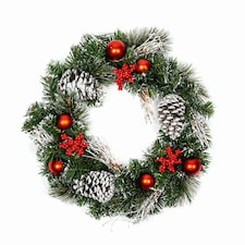 Premier 40cm Christmas Red Dressed Festive Wreath With Baubles Bows And Pinecones
