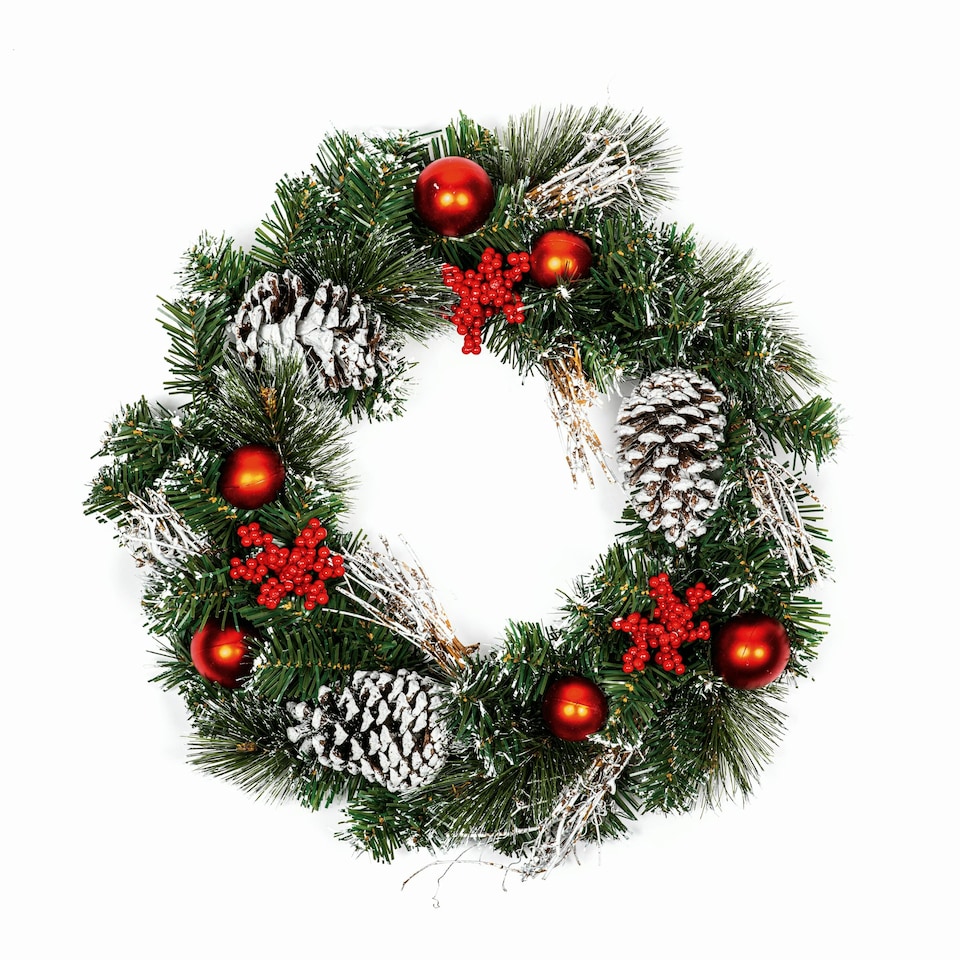 image 1 of Premier 40cm Christmas Red Dressed Festive Wreath With Baubles Bows And Pinecones