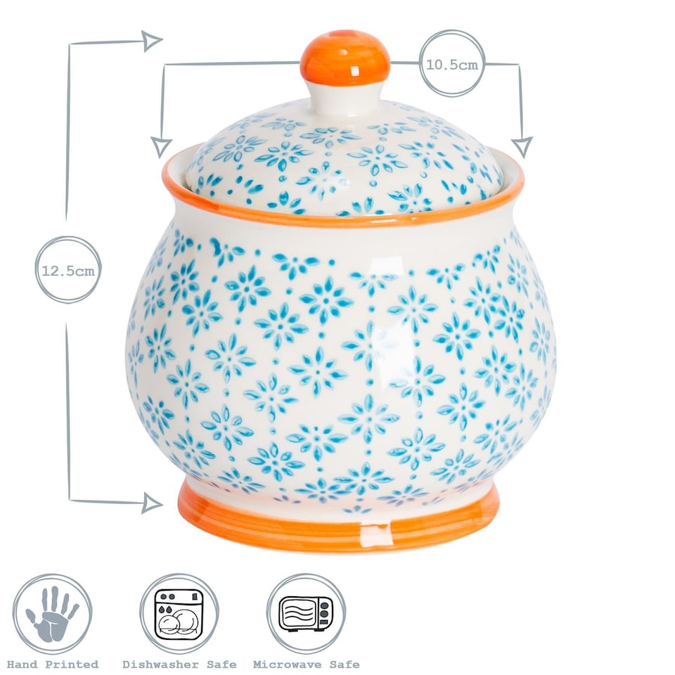 image 1 of Nicola Spring Hand-Printed Plant Pot with Saucer - 20.5cm - Orange | Orange | Orange / Blue