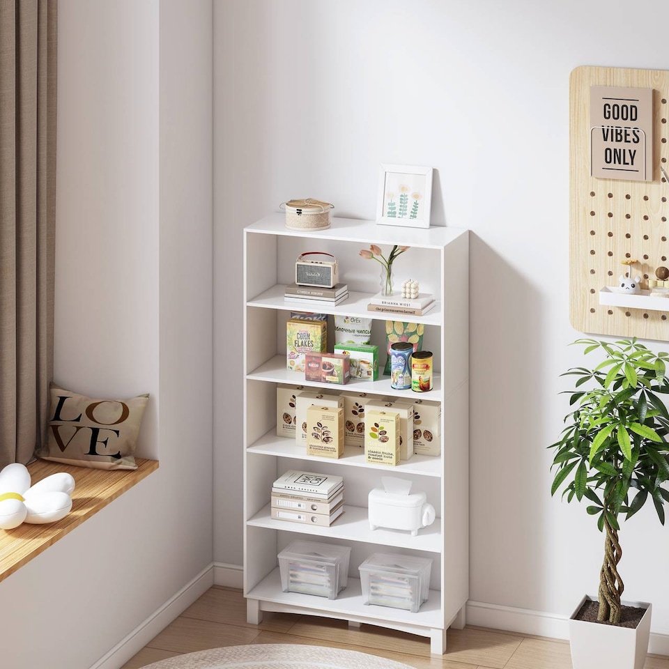 image 1 of Wide Shelf Tier Wooden Bookcase Shelving Modern Open Display Storage Cabinet | White | White 5 Tier Wide | 1
