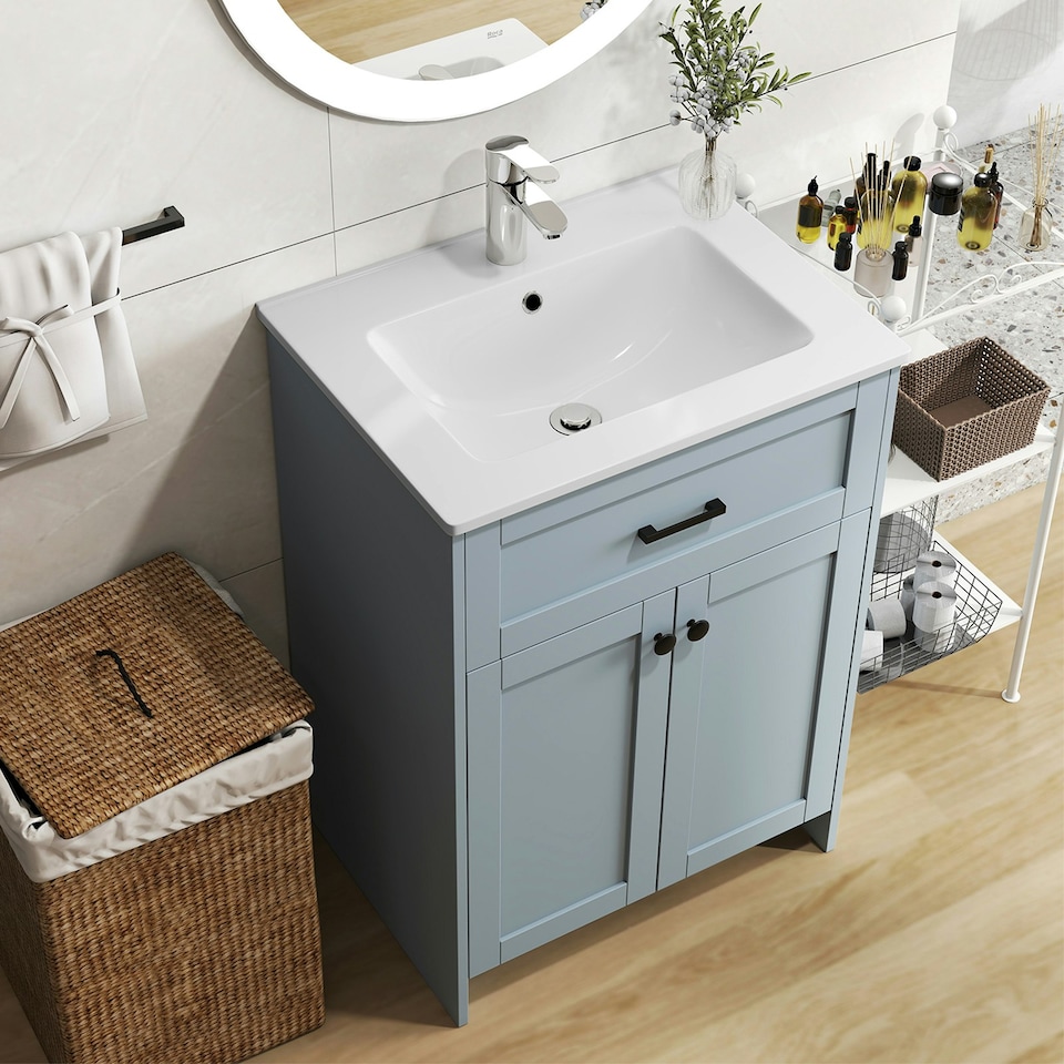 image 1 of COSTWAY Bathroom Vanity Storage Cabinet w/2 Doorsy Grey