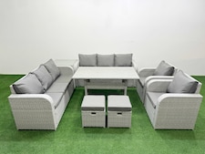 Fimous PE Rattan High Back Lounge Sofa Set Patio Rectangular Dining Table & Chairs Set with 3 Seater Sofa Reclining Chair Stools Side Table Light Grey