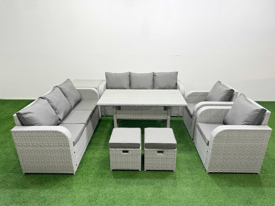 image 1 of Fimous PE Rattan High Back Lounge Sofa Set Patio Rectangular Dining Table & Chairs Set with 3 Seater Sofa Reclining Chair Stools Side Table Light Grey