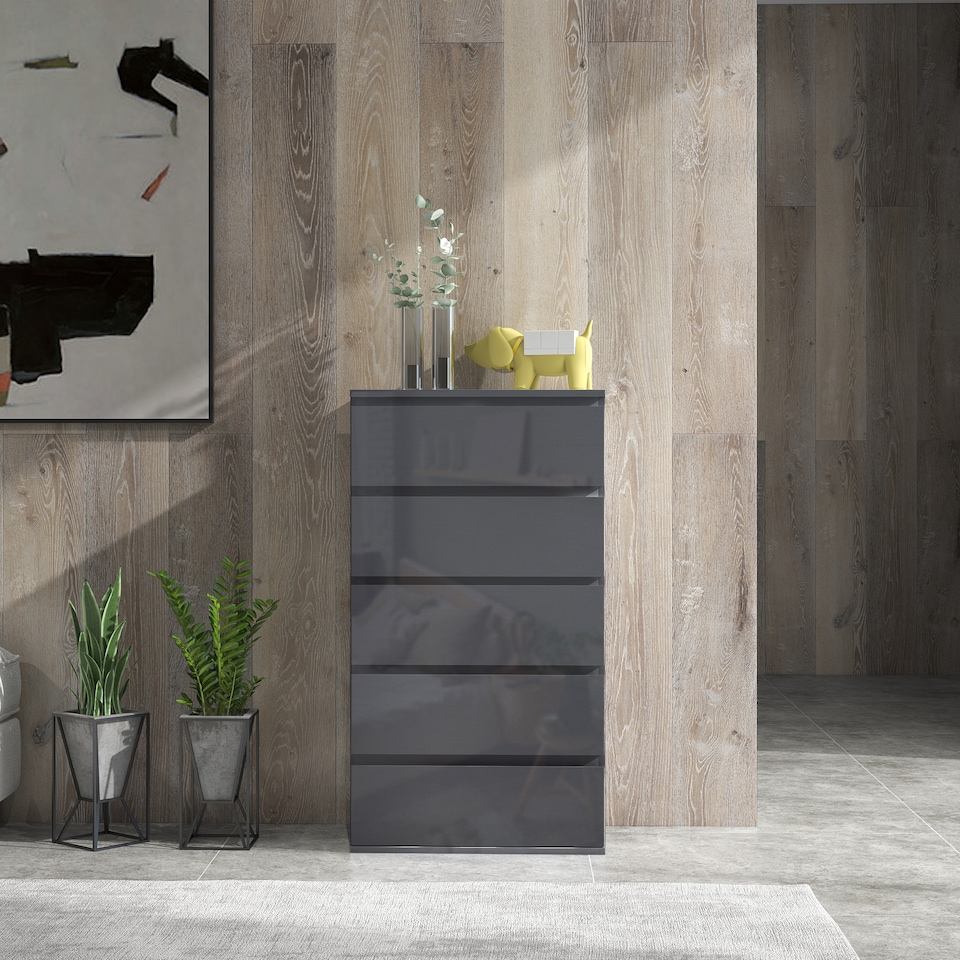 image 1 of HOMCOM High Gloss Chest of Drawers, Modern 5 Drawer Dresser with Soft Closing Mechanism for Bedroom, Grey