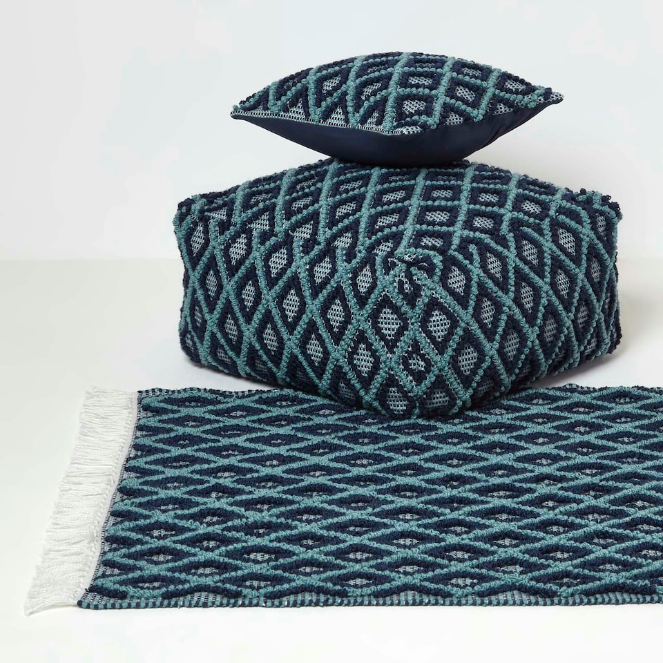 image 1 of Homescapes Tula Handwoven Textured Navy & Teal Pouffe Bean Cube