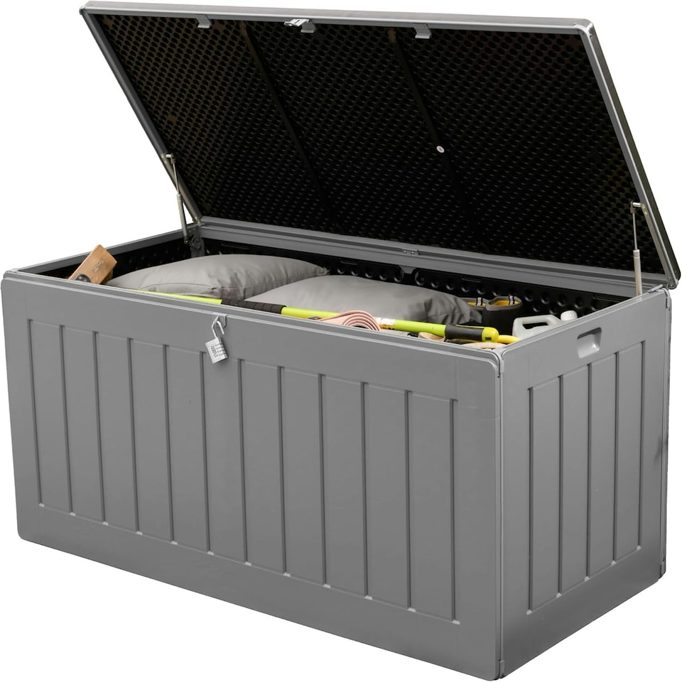 image 1 of Olsen & Smith 830L Extra Large Garden Storage Box - Weather Resistant Heavy Duty Wood Effect with Padlock Massive Capacity Storage Chest for Tools Toys & More Grey | Grey