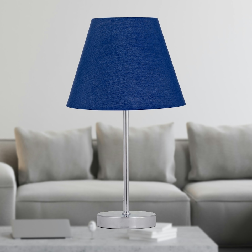 image 1 of Set of 2 Chrome Stick Table Lamps with Navy Blue Fabric Shades Chrome | Blue