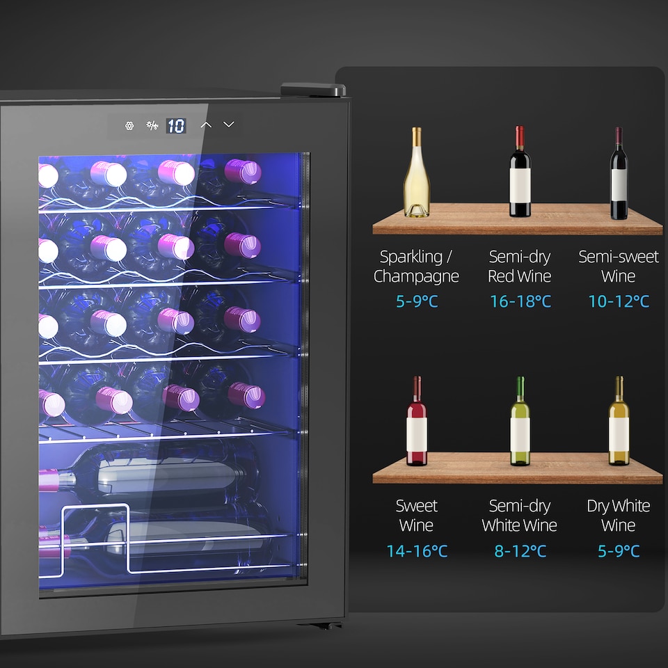 image 1 of HOMCOM 53L Wine Cooler, 20 Bottles, 5-18℃ Freestanding Wine Fridge with Glass Door, LED Light, Temperature Control and Digital Touch Screen, Black