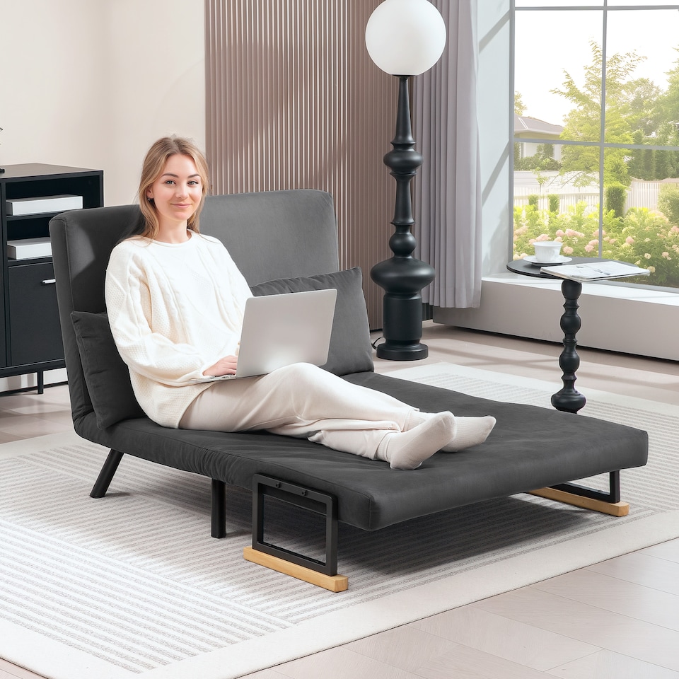 image 1 of HOMCOM 2 Seater Sofa Bed, Click Clack Convertible Bed Settee, Modern Velvet Feel Fabric Sofa Couch with 2 Tufted Cushions, Wood Armrests for Living Room, Bedroom, Guest Room, Dark Grey | Grey | grey | One Size