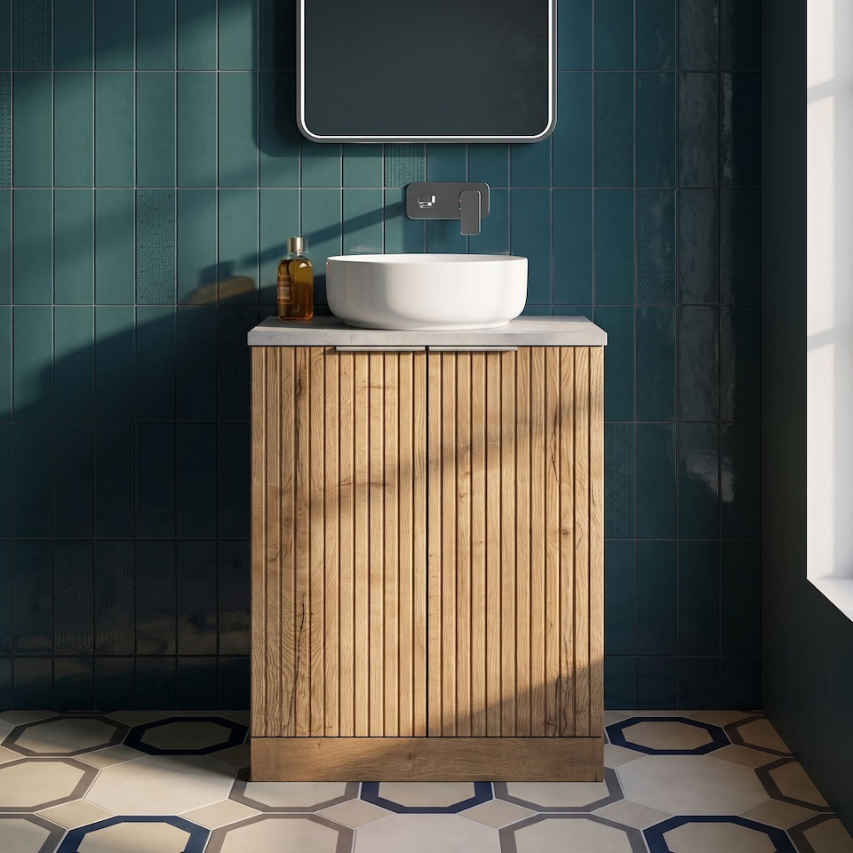 image 1 of Balterley Callingwood Contemporary Floor Standing 2 Door Vanity Unit with Bellato Grey Laminate Worktop , 600mm, Autumn Oak