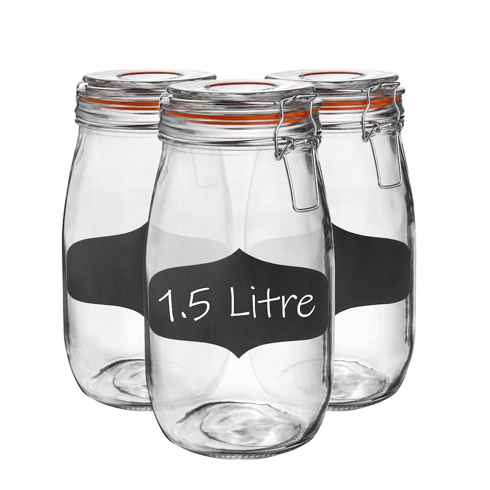 image 1 of Argon Tableware 6x Glass Storage Jar & Labels Set - 1.5 Litre - 4 Colour Seals Airtight Kitchen Storage Container Preserving Jar