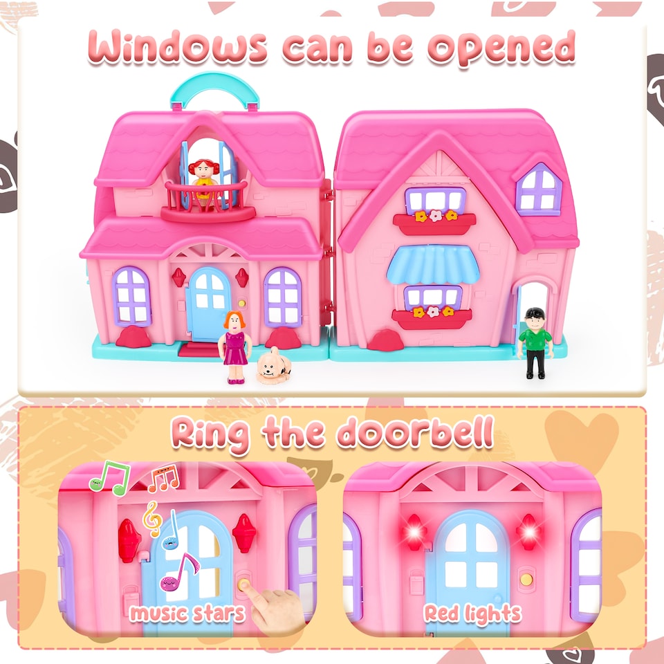 image 1 of Foldable Dollhouse Playset – Portable Carry Case with Dolls, Furniture & Animal Figures