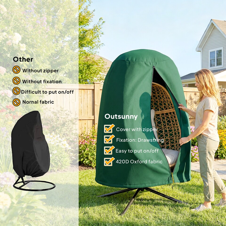 image 1 of Outsunny Hanging Egg Chair Cover Garden Swing Chair Cover Waterproof, Green | Black | Black | Φ128 x 190 cm