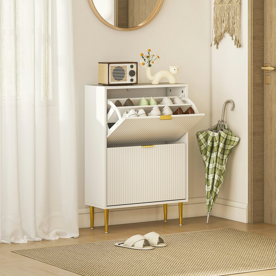 image 1 of HOMCOM Slim Shoe Storage Cabinet with 2 Flip Drawers for Hallway White | Gold | 60W x 24D x 91.5H cm