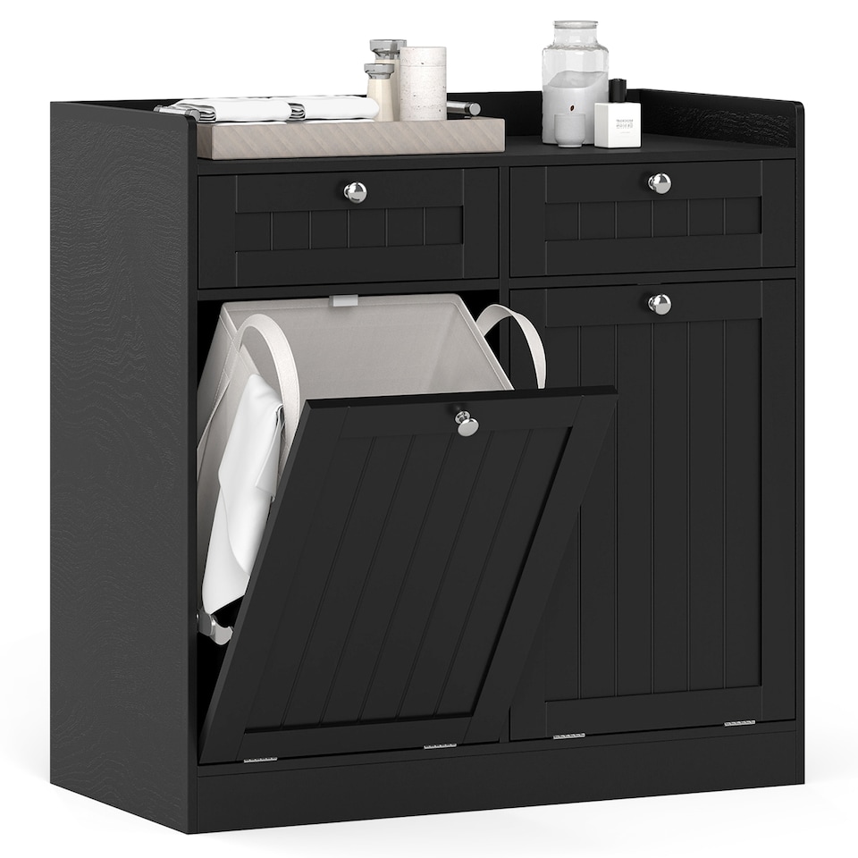 image 1 of COSTWAY Double Tilt-Out Laundry Hamper Cabinet Black