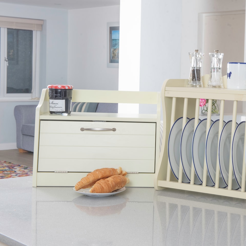 image 1 of Minack Buttermilk / Cream Wooden Bread Bin, Worktop Storage Box with Shelf | Cream | Buttermilk