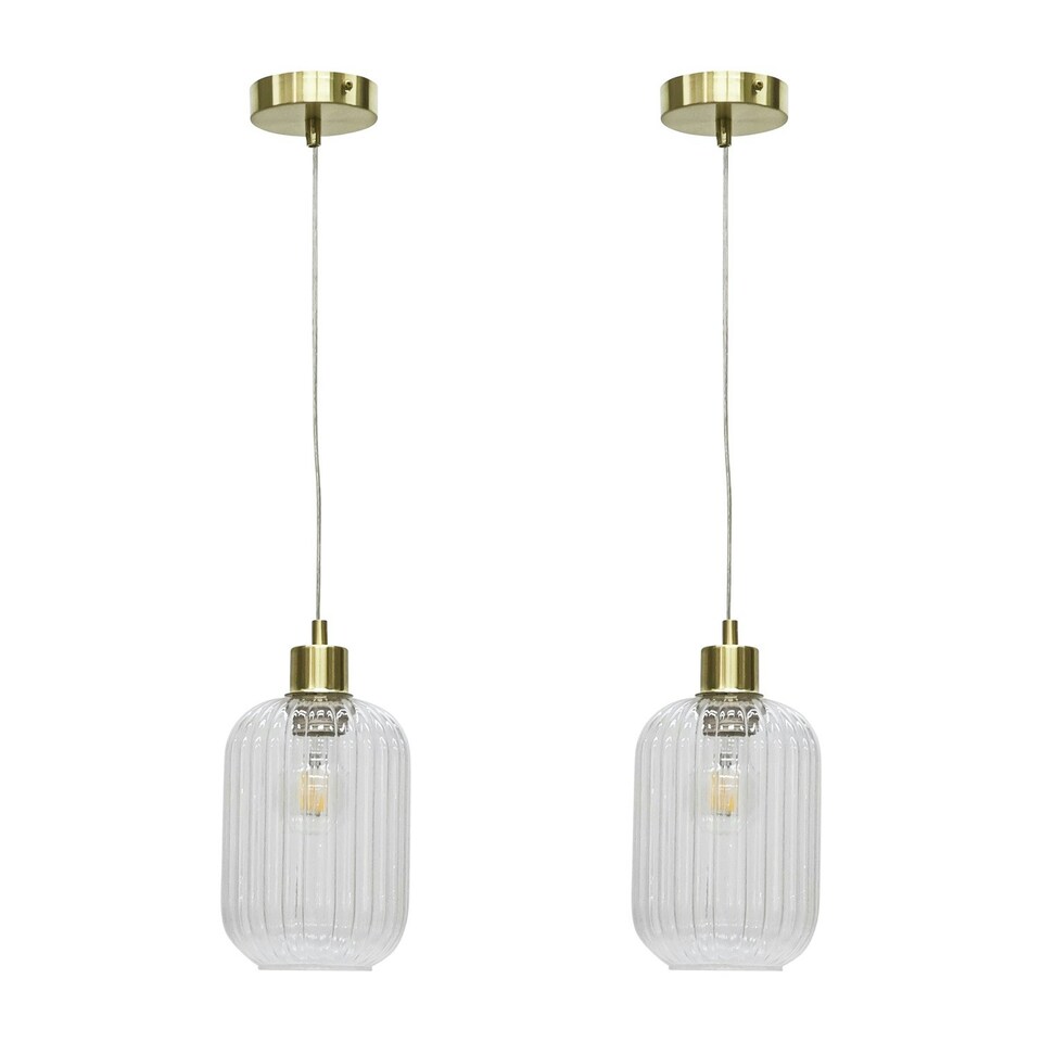 image 1 of First Choice Lighting Set of 2 Batley Clear Ribbed Glass with Satin Brass Pendant Fittings Bronze | Clear